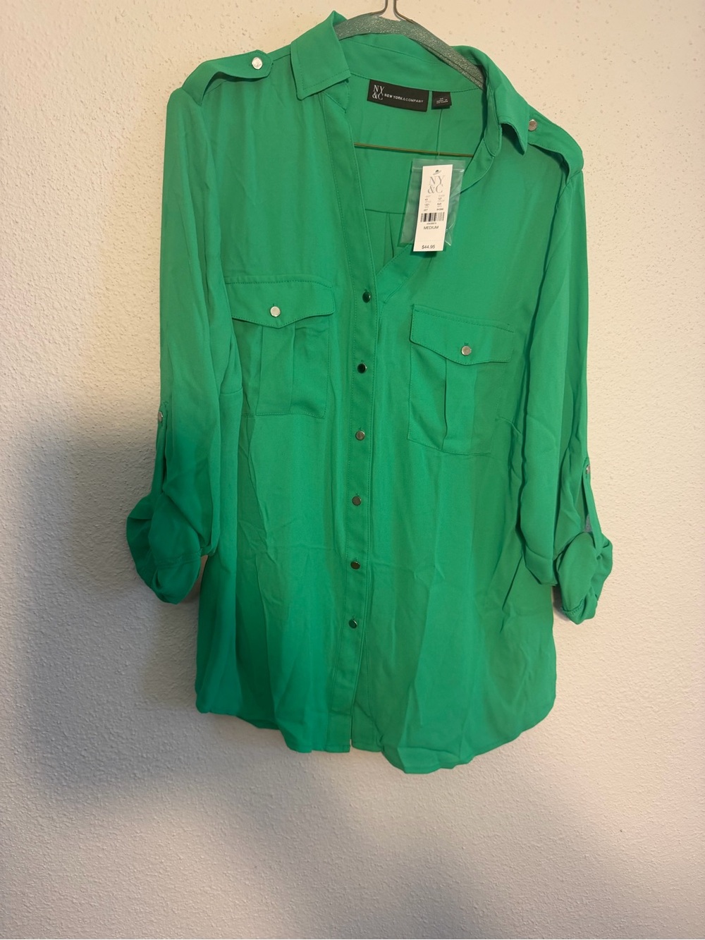 New York & Company Emerald Green Button-Front Utility Shirt